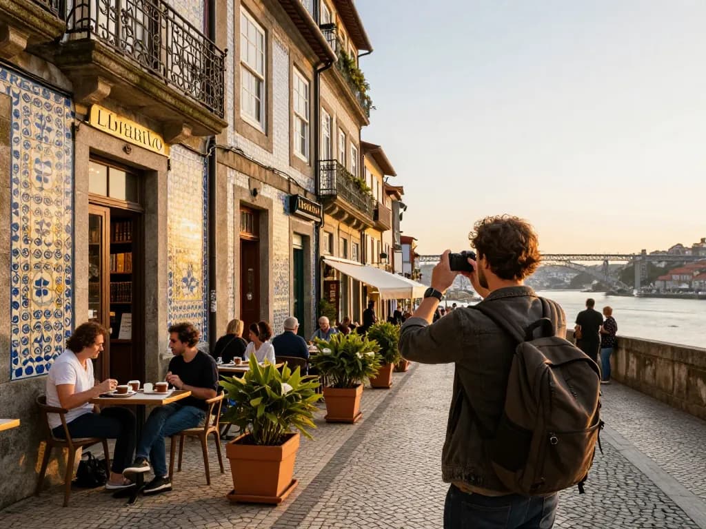 Reisetipps Porto: Ein Reisender hält die lebhaften Straßen von Porto fest, zeigt die ikonische Livraria Lello und die Azulejos.