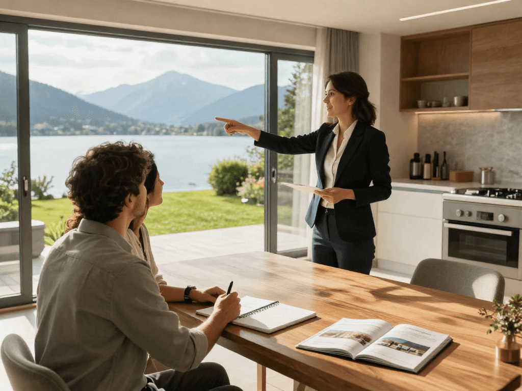 Makler Starnberg führt eine Besichtigung eines luxuriösen Anwesens am Starnberger See durch, mit Paar und notizenden Agenten.