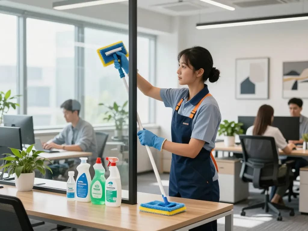 Professionelle Reinigungskraft, die Fachwissen in der professionellen Gebäudereinigung in Münster demonstriert und eine makellose Büroumgebung mit umweltfreundlichen Materialien sicherstellt.