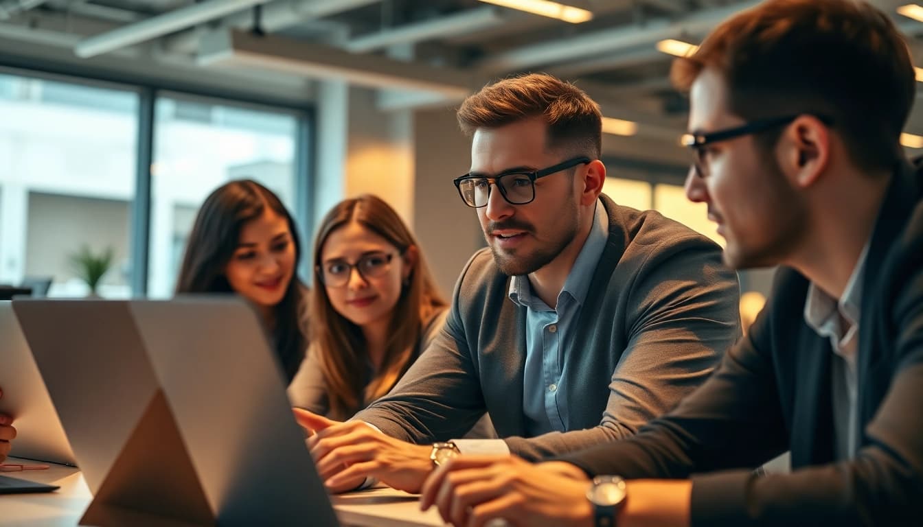 Headhunter IT in a professional office environment collaborating with diverse specialists.
