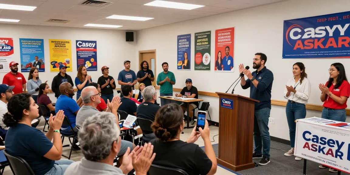 Casey Askar speaking passionately at a community rally, engaging voters and supporters.