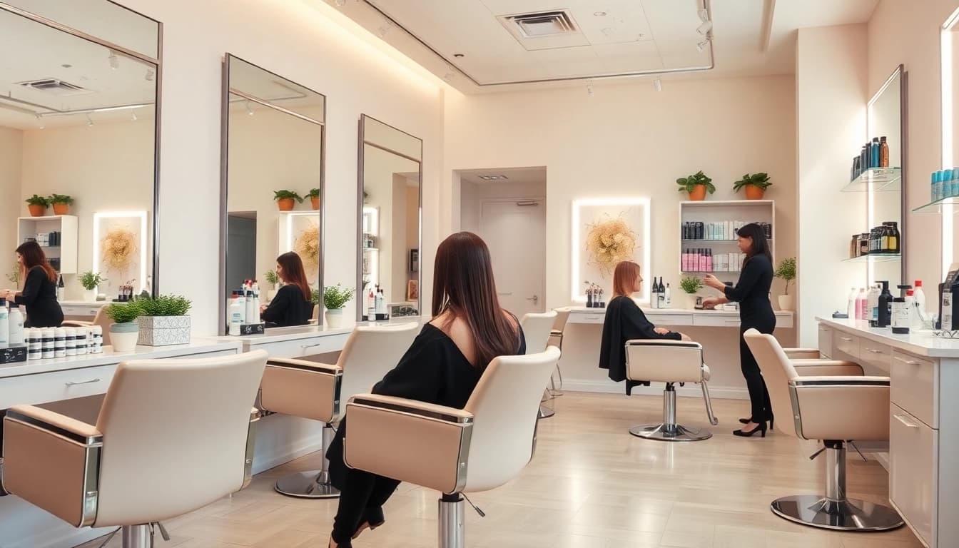 Professional parrucchiere salon with stylish interiors and a stylist attending to a client.