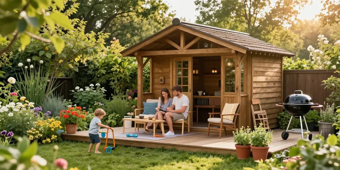Gemütliches Gartenhaus im Blumenbeet, Familie genießt die Zeit im Freien
