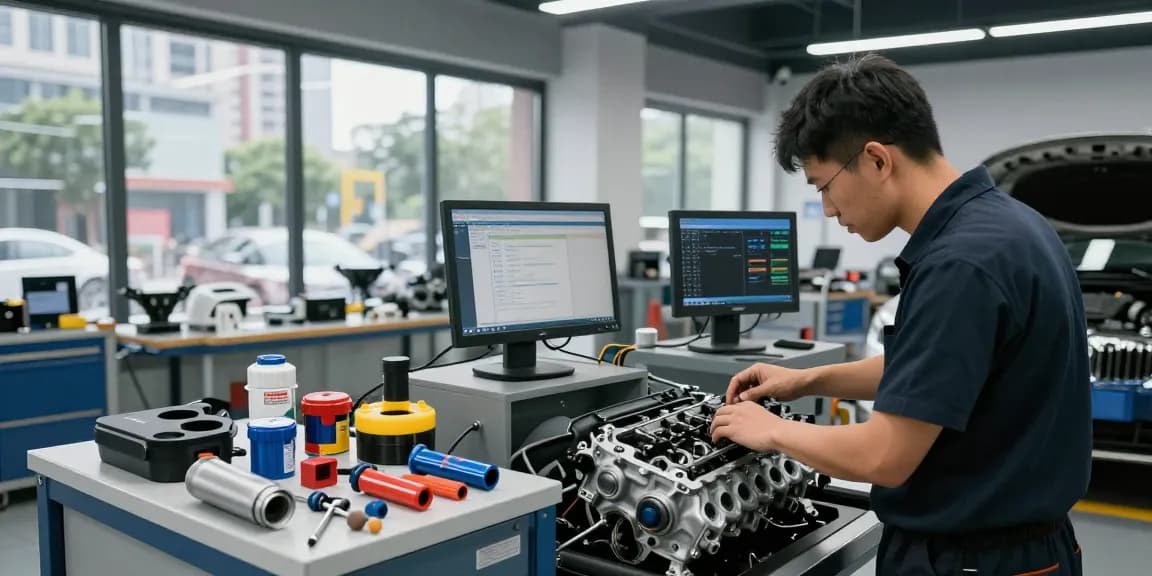 Experte für BMW Service Hannover diagnostiziert Motorprobleme in einer professionellen Werkstattumgebung.