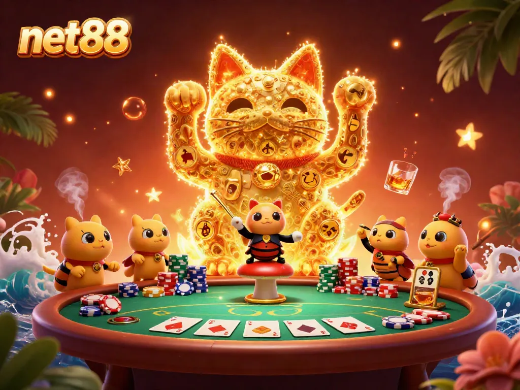 Engage with the net88 casino experience, showcasing a vibrant lucky cat and poker elements.