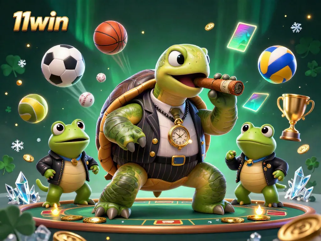 Engage with 11win as a colorful casino adventure featuring a snapping turtle in mobster style with dynamic sports elements.