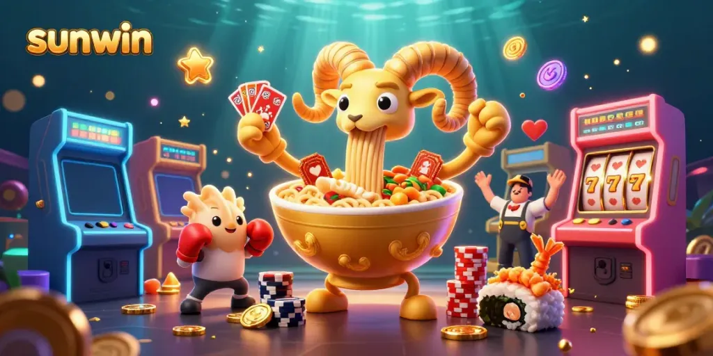 Enjoy the Sunwin casino experience with dynamic illustrations of games, characters, and vibrant action.