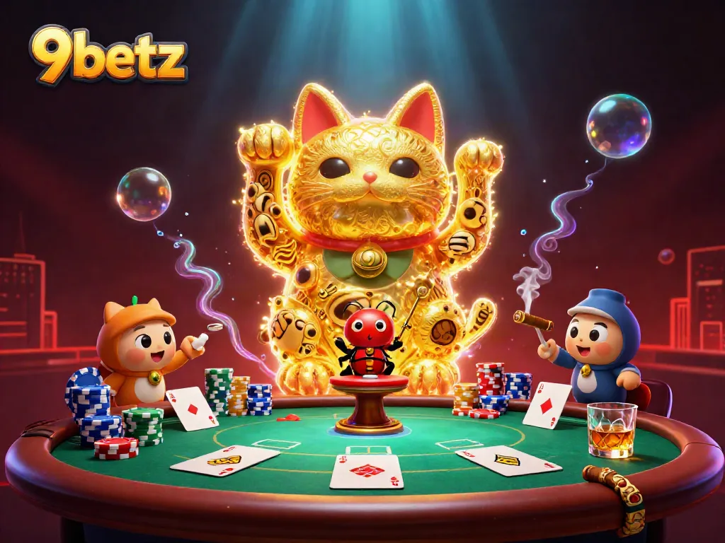 Witness 9betz's animated lucky cat surrounded by poker elements, embodying the thrill of online gaming.