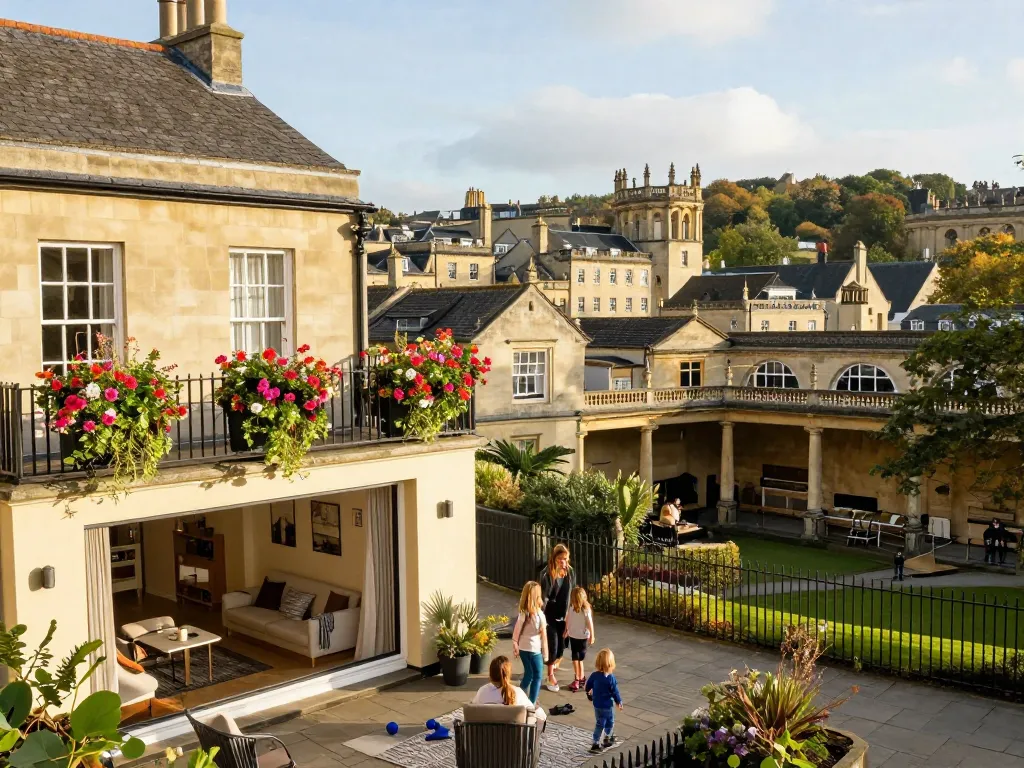 airbnb management bath showcasing a family enjoying their stay in a cozy property with iconic Bath architecture.
