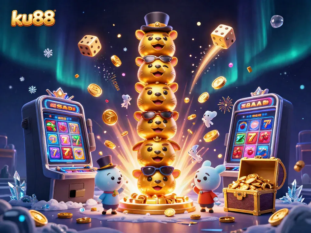 ku88 showcases an exciting casino experience with vibrant slot machines and lively characters in action.