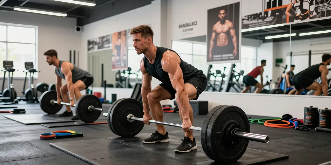 Leistungsstarke Kreuzheben-Session in einem lebhaften Fitnessstudio, die die Vorteile des Anabolika Shop Deutschland für Krafttraining zeigt.