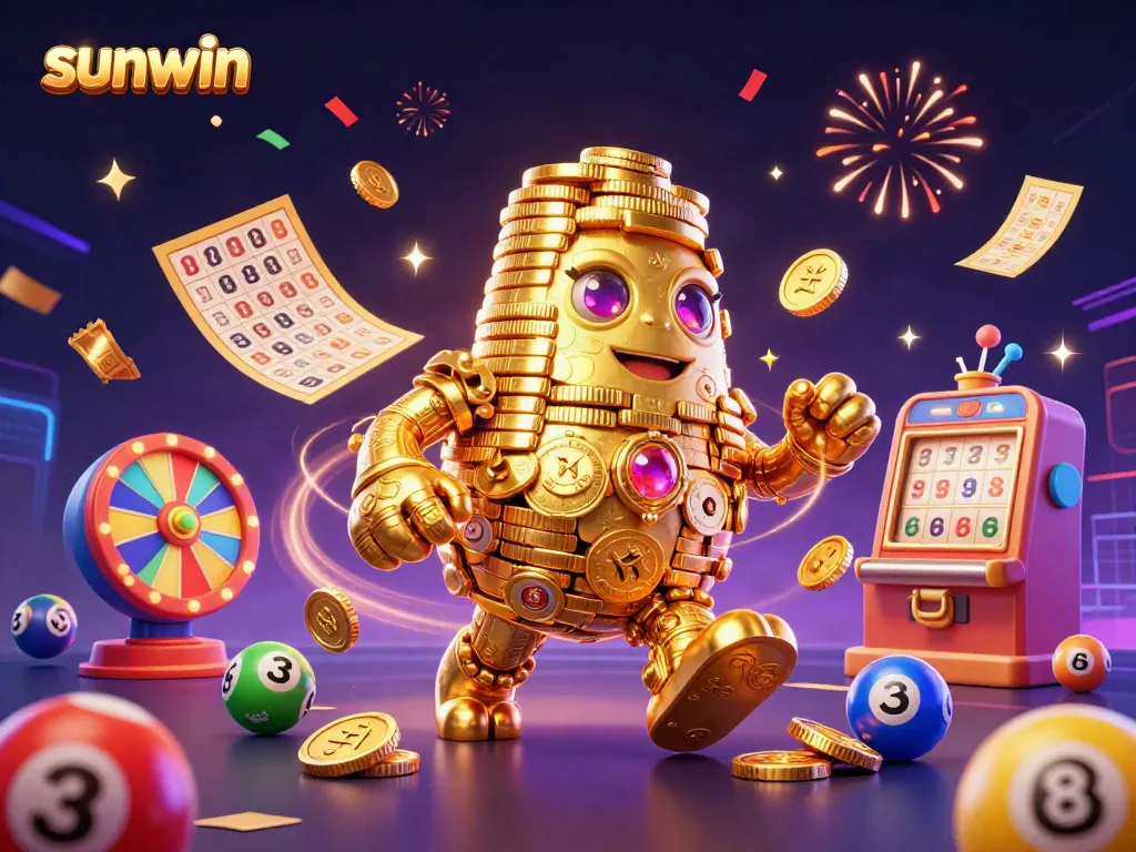 Engage in vibrant casino action with Sunwin, featuring a dynamic golden golem and colorful gaming elements.