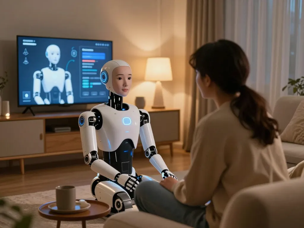 Couple interacting with a realistic sex bot in an inviting futuristic living room, showcasing advanced technology and emotional connection.
