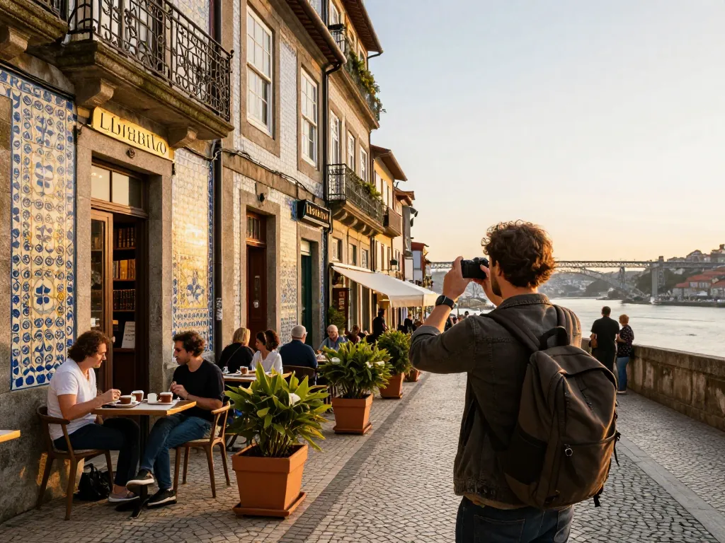 Reisetipps Porto: Ein Reisender hält die lebhaften Straßen von Porto fest, zeigt die ikonische Livraria Lello und die Azulejos.