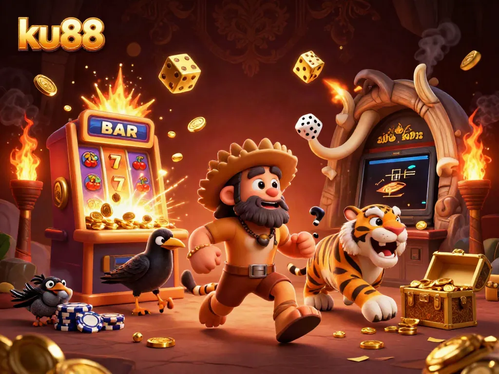 Experience thrilling wins at ku88 with a dynamic prehistoric casino scene featuring slot machines and dice.