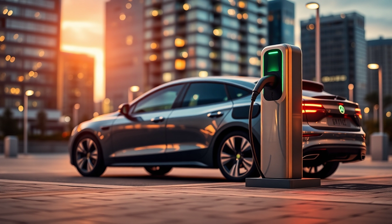 Elektroautos ladend an einer modernen Station in einer urbanen Umgebung bei Dämmerung