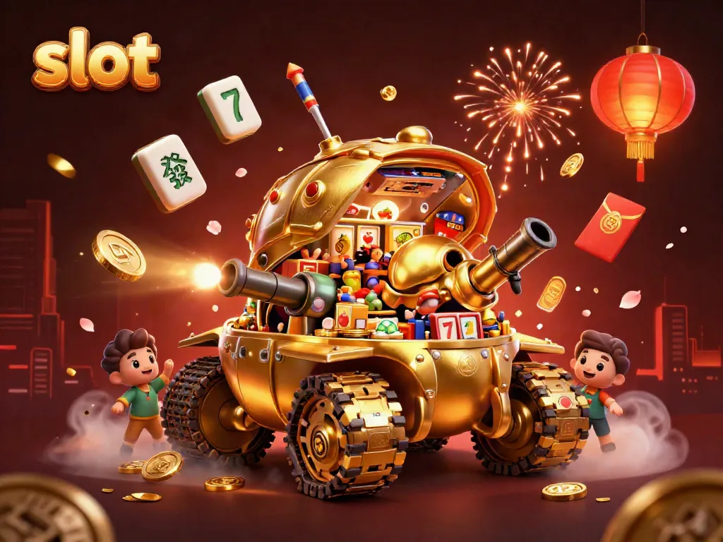 Exciting slot game action illustrated with a golden beetle tank, casino elements, and vibrant icons.