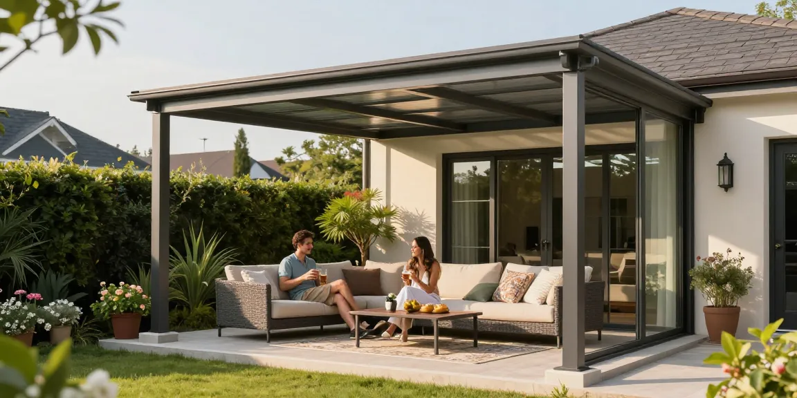 Moderne Terrassenüberdachungen mit gemütlicher Sitzgelegenheit und schönen Pflanzen unter Sonnenschein.
