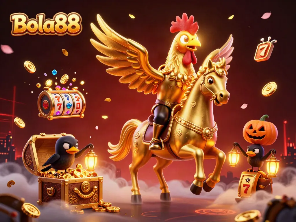 Bola88 casino with a golden rooster and lantern-carrying crows amidst colorful jackpot elements.