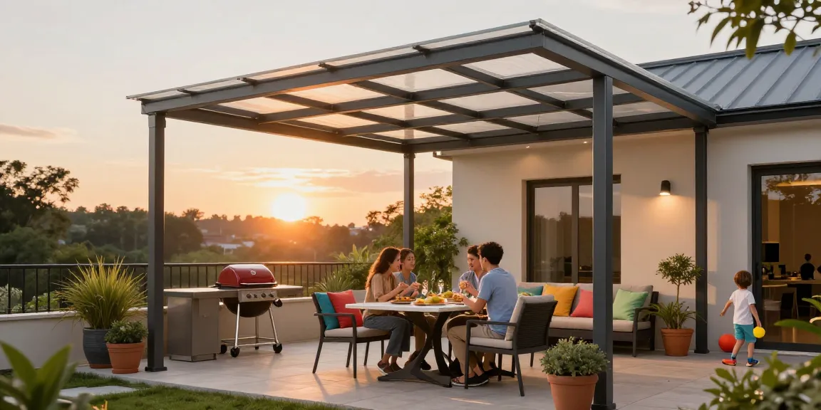 Familie genießt ein Essen unter einer stilvollen Terrassenüberdachung, umgeben von Pflanzen und gemütlichem Mobiliar.