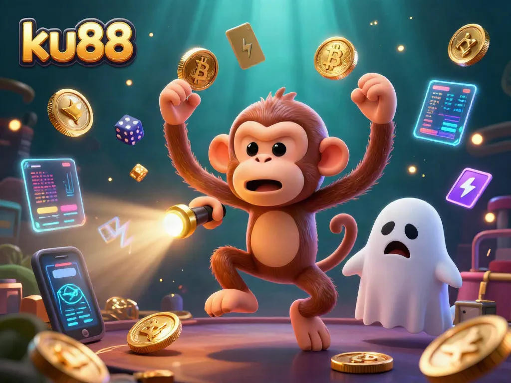 Engage with ku88's exciting casino offerings while a curious puppy tracks a mischievous poltergeist monkey.