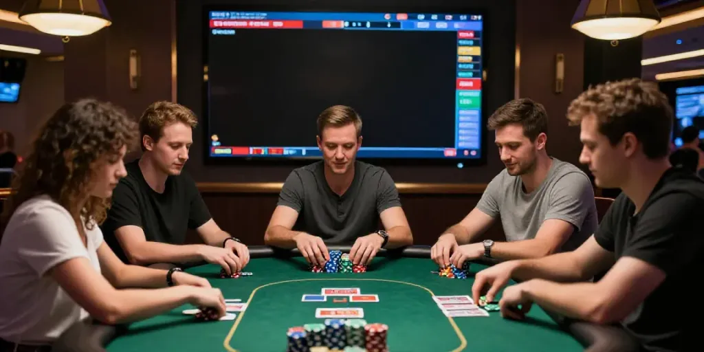 Intense gaming scene featuring Alternatif Bola88 poker players in a modern casino.