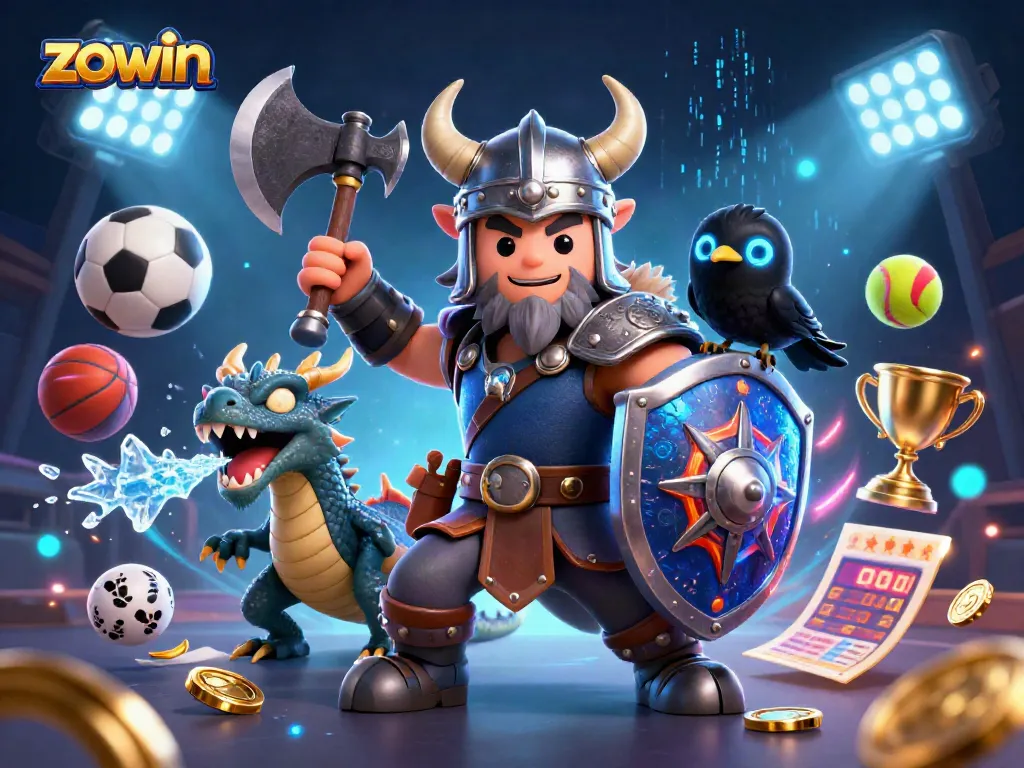 Zowin Viking warrior battles alongside a fierce dragon in a rich casino-themed scene full of dynamic sports elements.