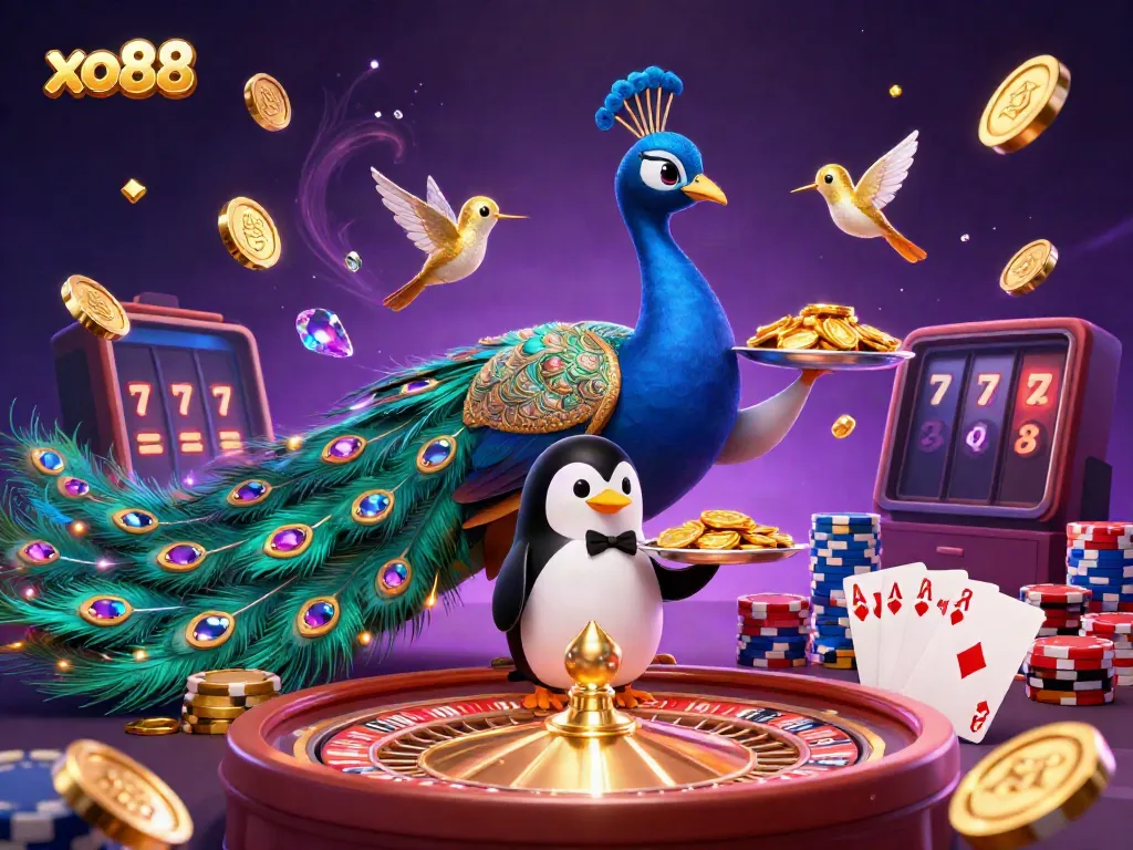 Experience the excitement of casino gaming with xo88's vibrant 3D illustration featuring characters and dynamic game elements.