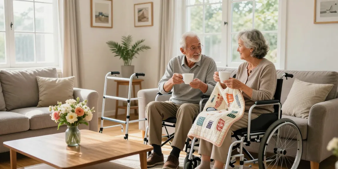 Buy nobility aids in a cozy living room where an elderly couple enjoys tea, showcasing mobility tools for comfort.