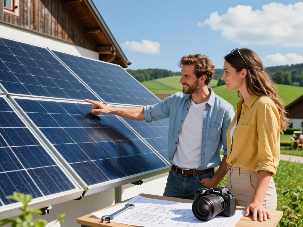 Paar diskutiert über die Installation eines Photovoltaik Bayern Solarpanel-Systems in der sonnigen Landschaft Bayerns.