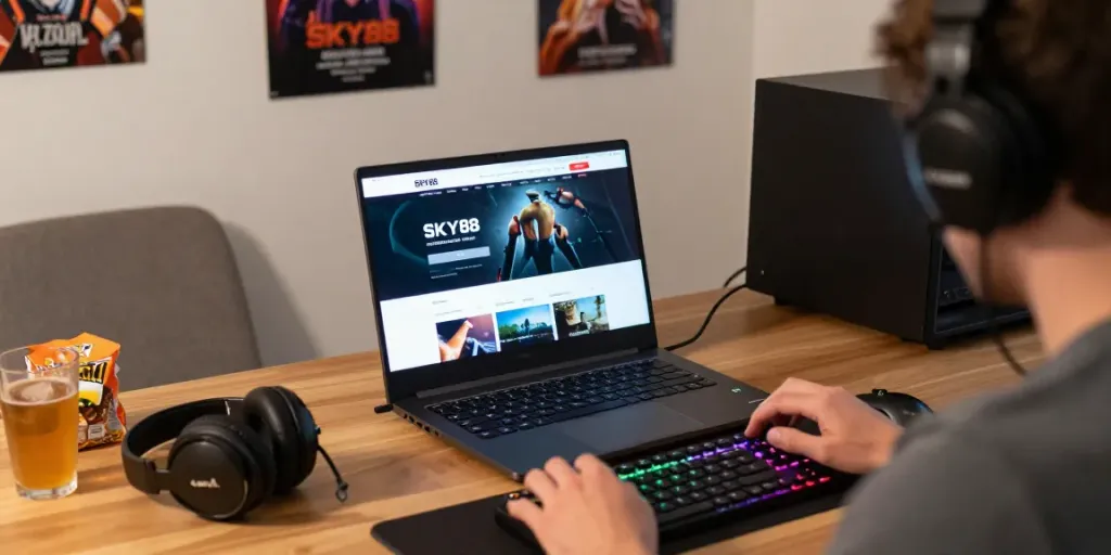 Engaging user experience at SKY88 gaming platform showcasing laptop setup with gaming accessories