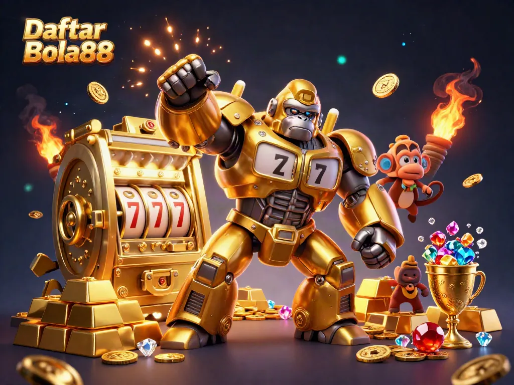 Experience the excitement of Daftar Bola88 with a dynamic 3D gorilla mech celebrating big wins and jackpots.