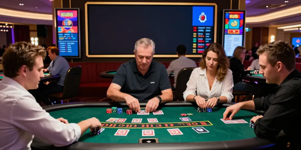 Exciting KU88 casino scene with players at a live blackjack table enjoying the thrill of games.