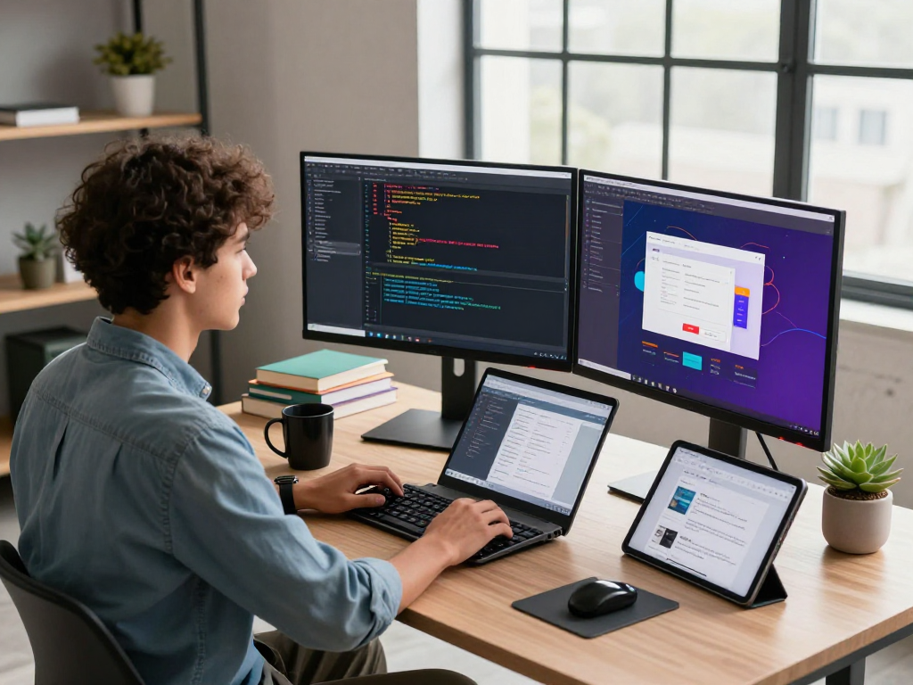 Developer using debet software in a modern office workspace with coding on dual monitors.