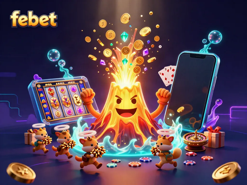 Engage with febet's thrilling online casino experience featuring a golden volcano erupting with treasures.