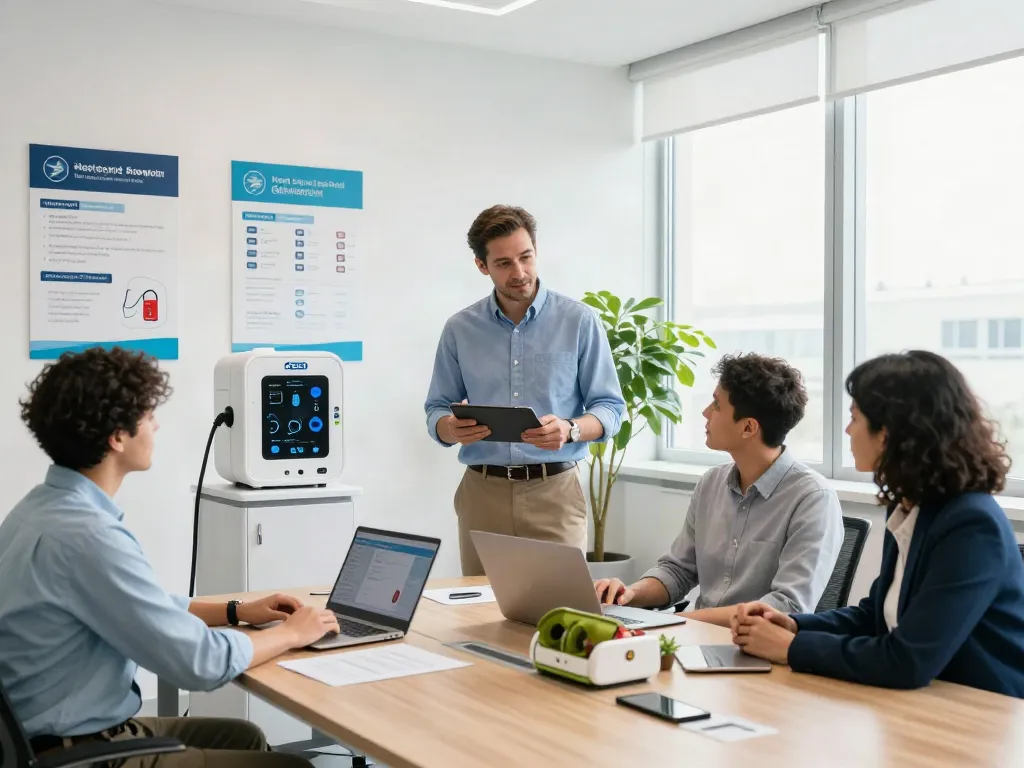 Team diskutiert über Defibrillatoren in modernem Büro, AEDs im Fokus.