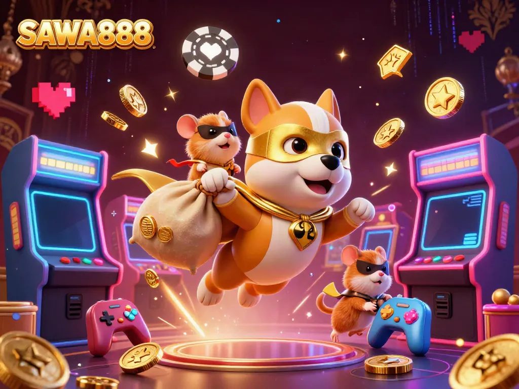 Experience thrilling action with SAWA888 as a heroic dog and sidekick navigate a vibrant gaming casino world, collecting coins.