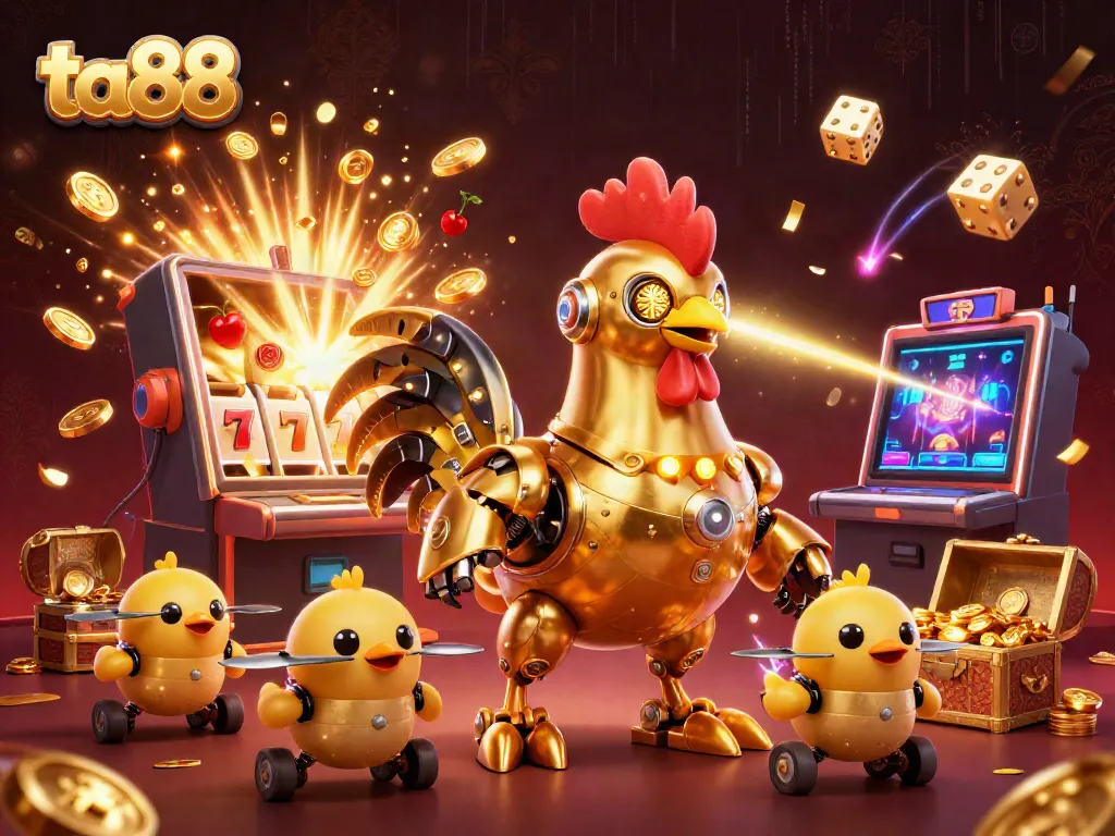 Experience ta88's thrilling online gaming with a golden rooster robot surrounded by jackpot elements and vibrant casino symbols.