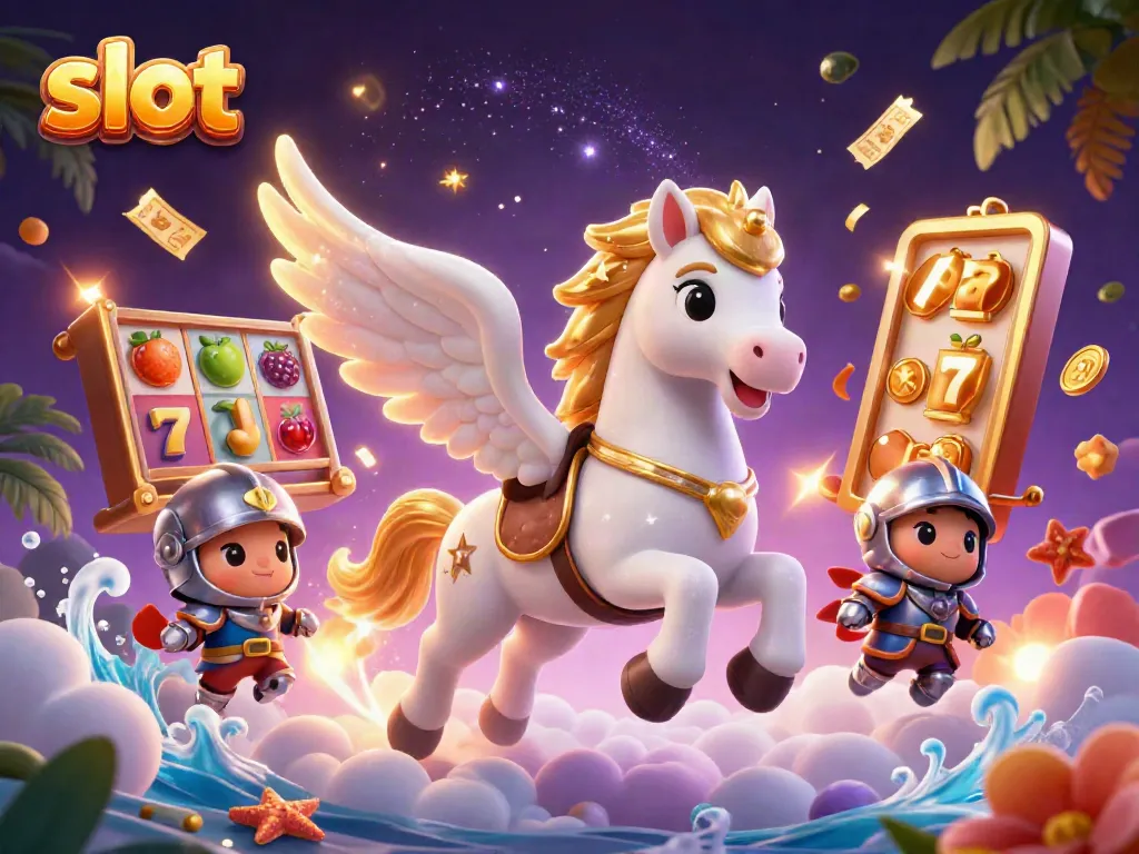 Experience thrilling slot action with a vibrant scene featuring a celestial horse, knights, and slot game elements.