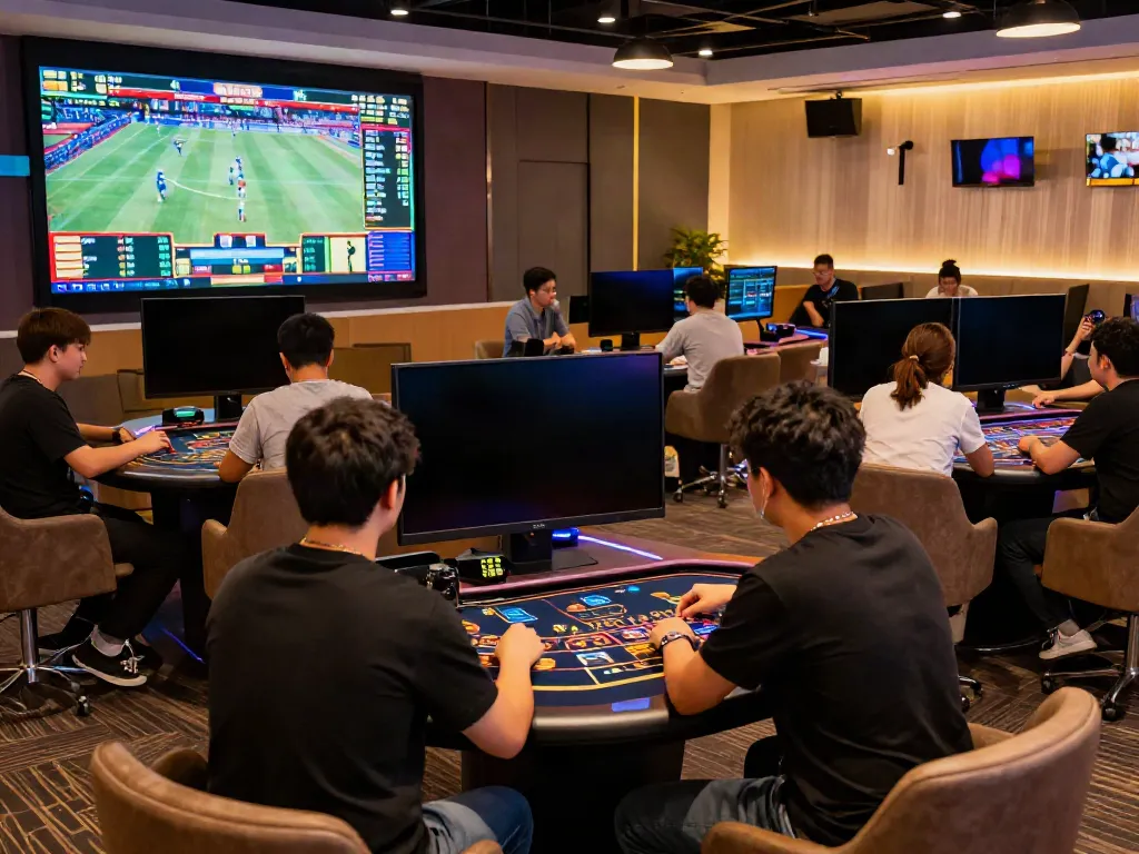 Exciting online casino gaming session at FC88 featuring diverse players and high-tech gaming tables.