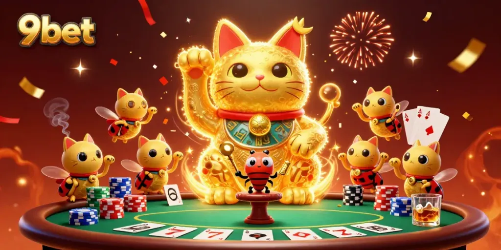 Experience the vibrant 9bet casino atmosphere with a lucky cat and fireflies celebrating wins.