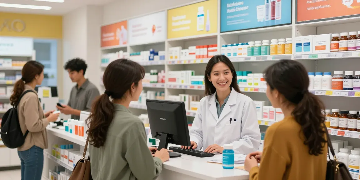 Medi Pharma Shop mit einem Apotheker, der einem Kunden in einem lebhaften Einzelhandelsumfeld bei verschiedenen Gesundheitsprodukten hilft.