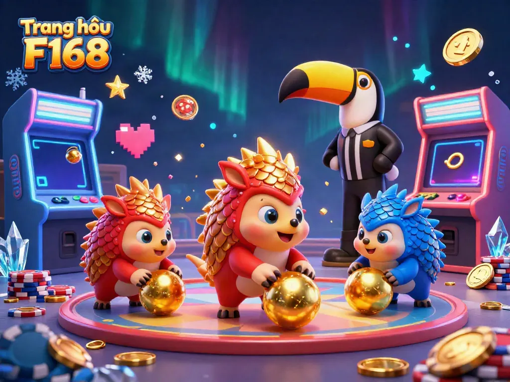 Experience the excitement on the Trang chủ F168 as rival pangolins roll through poker chips in a vibrant casino scene.