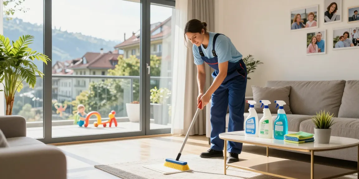 Professional cleaning of a home during wohnungsreinigung bern, showcasing a bright living room filled with sunlight and cleaning supplies.