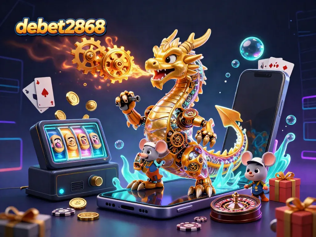 Engage with debet2868's thrilling casino scene featuring a golden dragon and dynamic gaming elements.