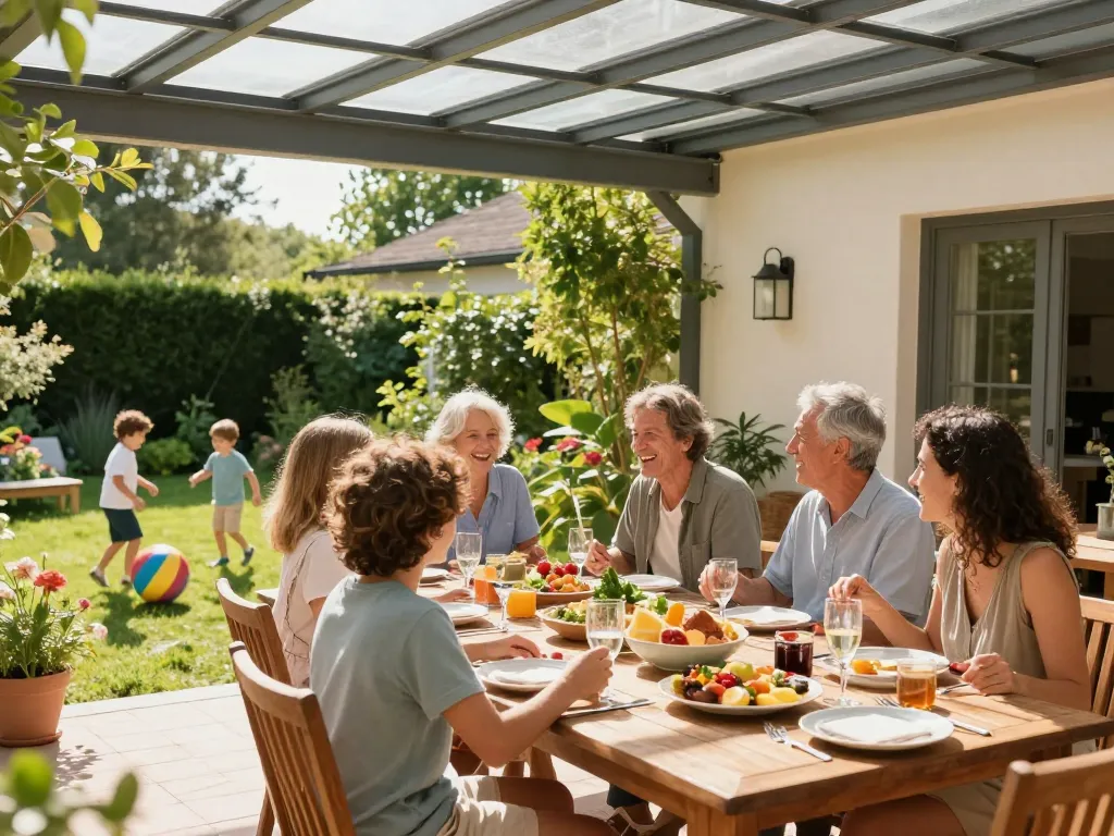 Familie genießt eine Mahlzeit unter einer stilvollen Terrassenüberdachung an einem sonnigen Tag, was das Leben im Freien hervorhebt.