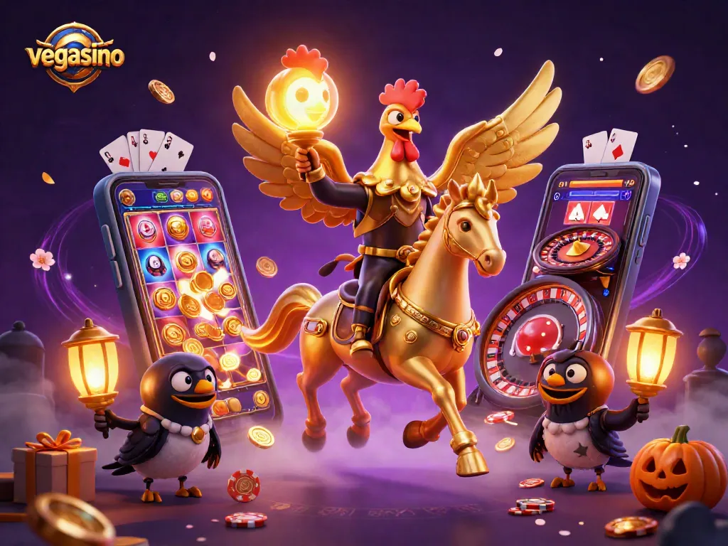 Experience vegasino's vibrant casino atmosphere with golden rooster characters and dynamic game elements.