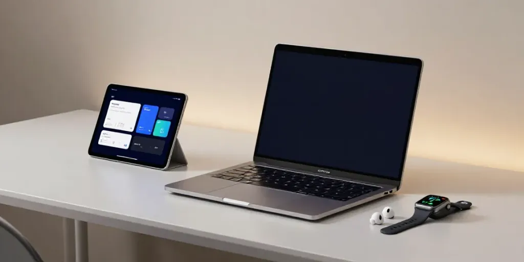 Aktuelle Gadget-Nachrichten auf moderner Arbeitsfläche mit Smartphone, Laptop und Smartwatch.