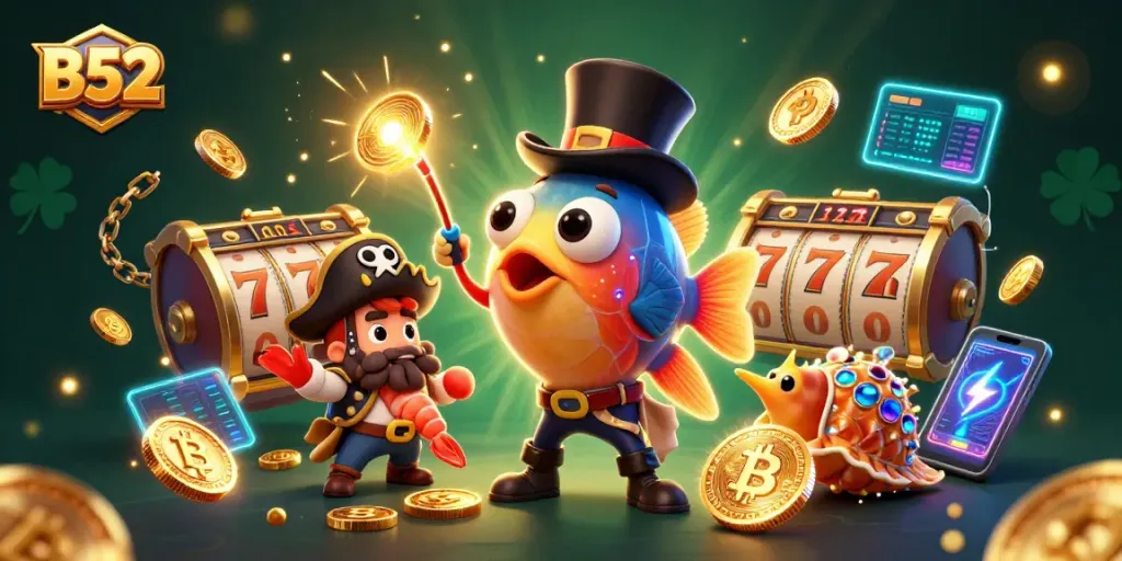 Play and win big with the B52 slot in a captivating 3D illustration featuring dynamic characters and golden coins.