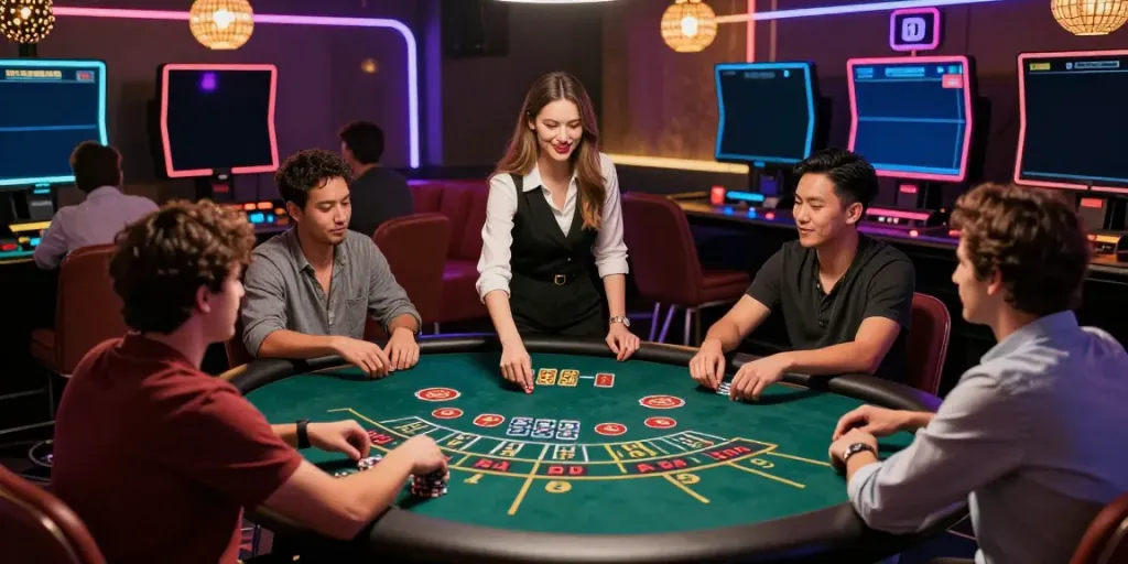 Exciting live Baccarat game at UK88, showcasing diverse players and an elegant dealer in a vibrant casino atmosphere.